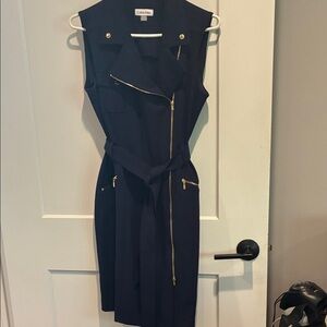 Calvin Klein Navy Blue Sleeveless Dress with Gold Zippers